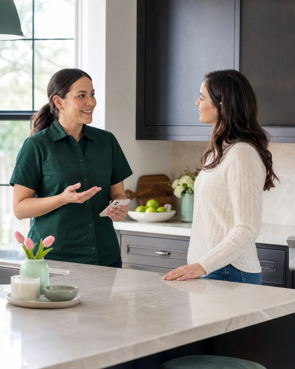 PinkMinty team member talking with a client in a kitchen