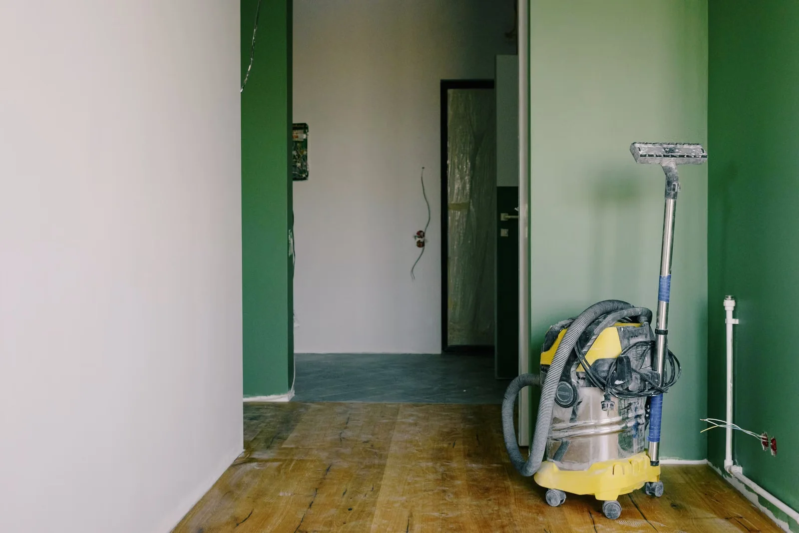 Post-construction cleanup equipment inside a renovated space